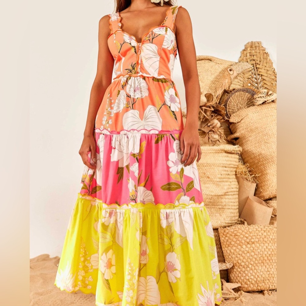 ANTHROPOLOGIE Farm Rio Tiered Colorblocked Floral Midi-dress Large
